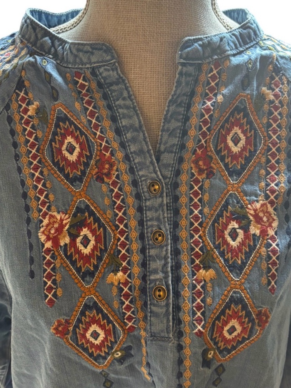 REBA Boho Embroidered Chambray Denim Tunic Top Western Southwest M Cottagecore - Picture 4 of 11
